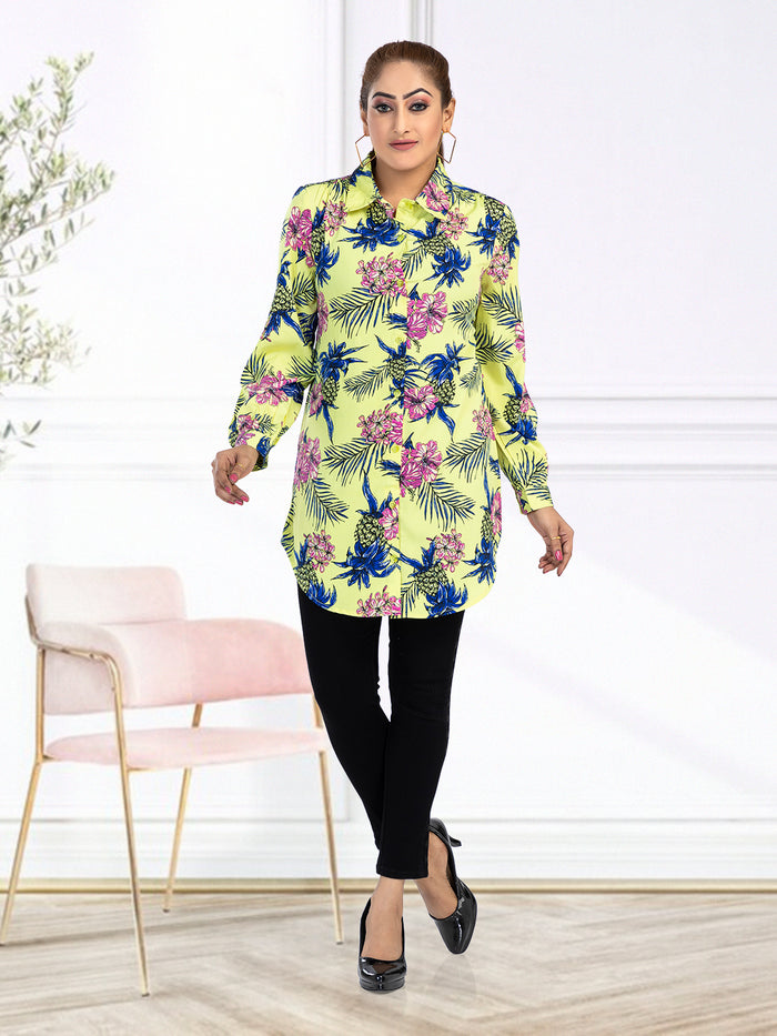 Women's Regular Fit Floral Printed Collar Neck Casual Long Shirts for Ladies & Girls