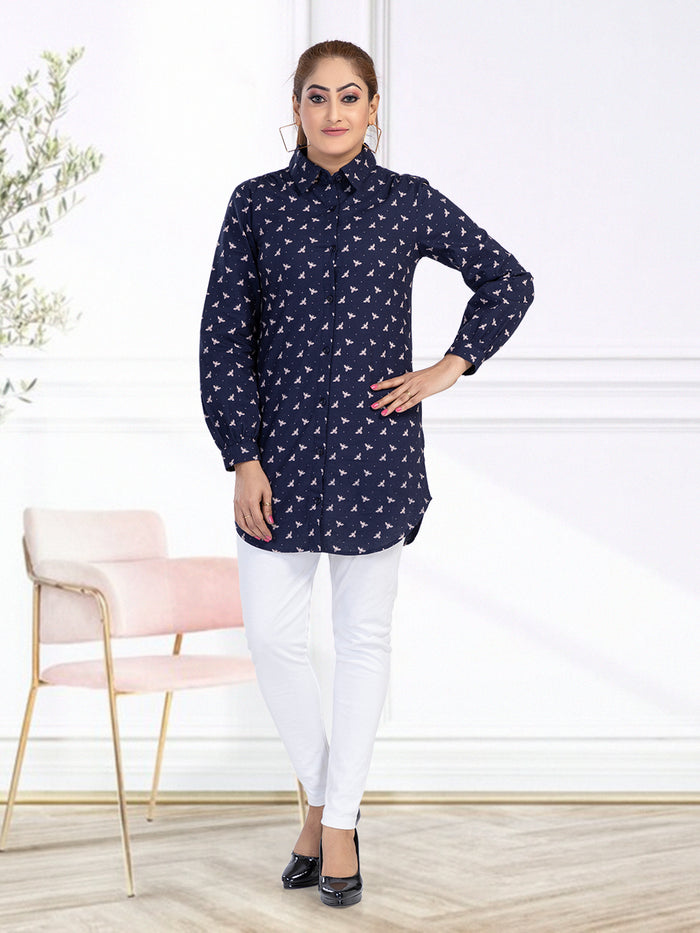 Women's Regular Fit Printed Collar Neck Casual Long Shirts for Ladies & Girls