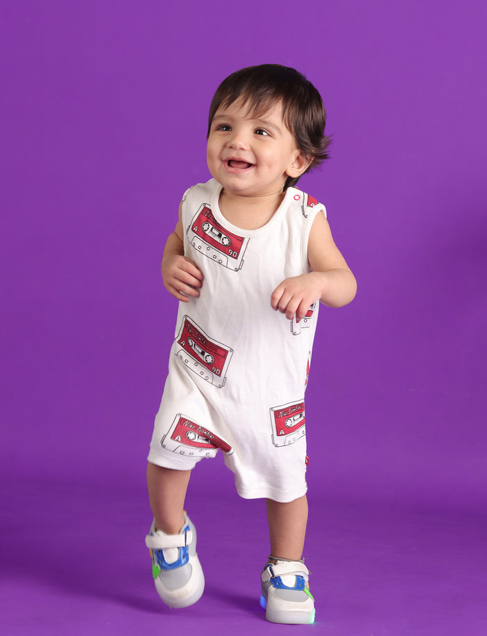 Round Neck Cassette Print Sleeveless Romper For Unisex Baby