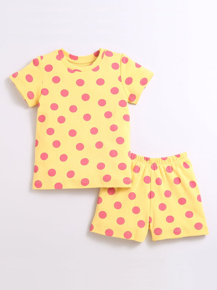 Nino Bambino 100% Organic Cotton Yellow Color Polka Dot Cord Set For Kids Girl.