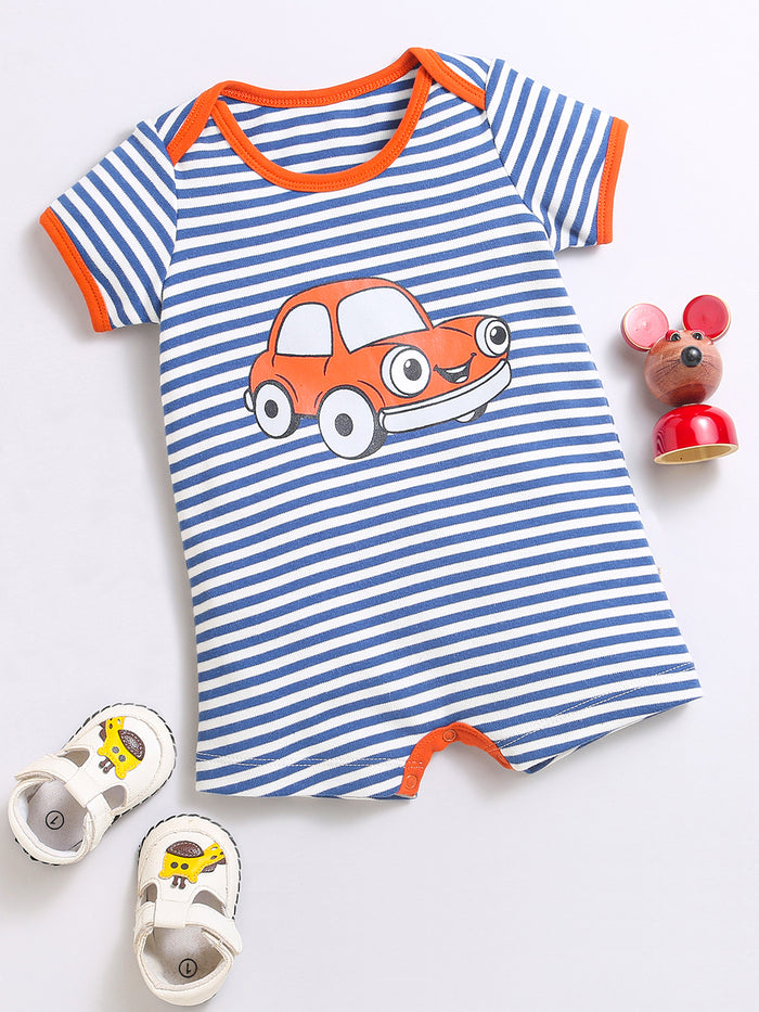 Nino Bambino 100% Organic Horizontal Strip Car Print Lap Shoulder Half Romper For Unisex Baby