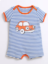 Nino Bambino 100% Organic Horizontal Strip Car Print Lap Shoulder Half Romper For Unisex Baby