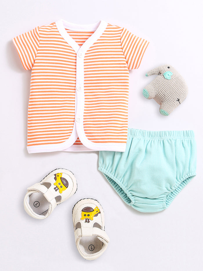 Nino Bambino 100% Organic Cotton Horizontal Strip Open Vest With Bloomer For Unisex Baby