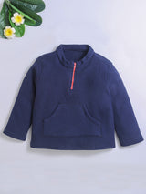 High Collar Anti-Pill Polyster Recycled Polar Fleece Navy Blue Color Sweatshirt For Unisex Kids