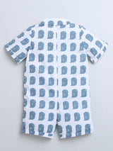 Blue Owl Print HalfSleeve Romper With Hat For Baby Boy.