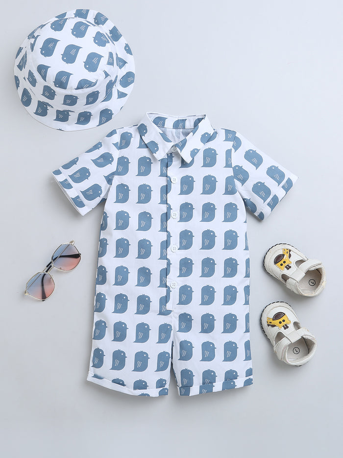 Blue Owl Print HalfSleeve Romper With Hat For Baby Boy.