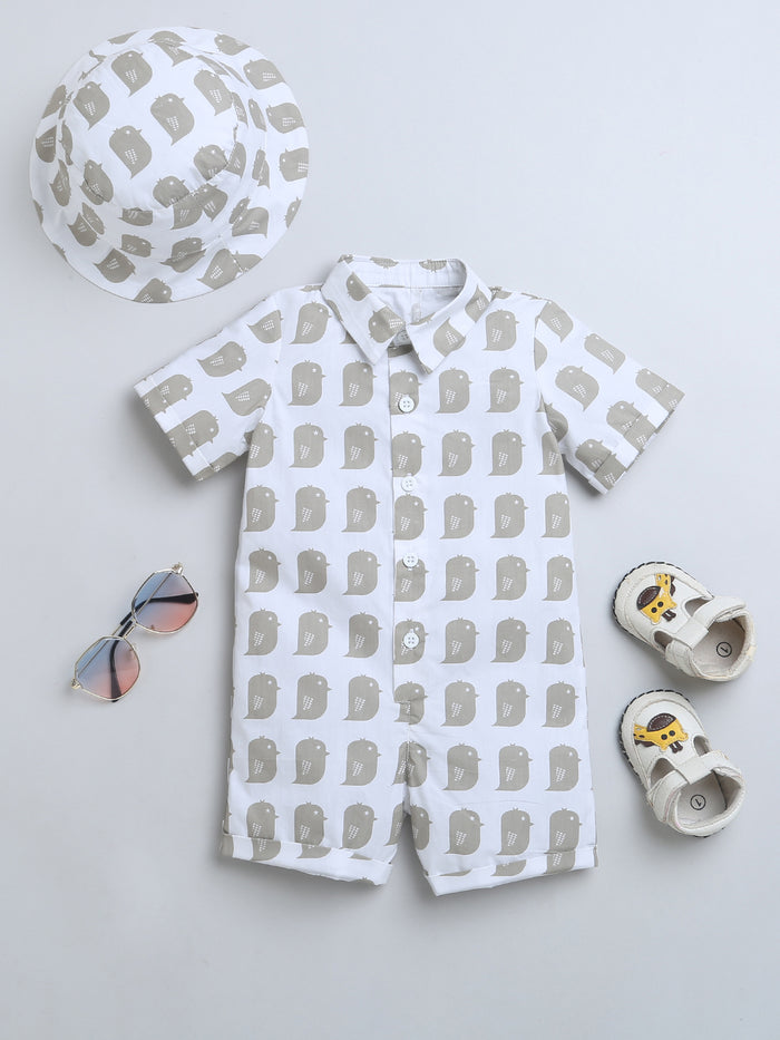 Grey Owl Print HalfSleeve Romper With Hat For Baby Boy.