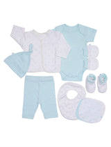 Nino Bambino 100% Organic Cotton White & Blue Print Essentials Gift Sets Pack Of 8 For Newborn Baby Boy