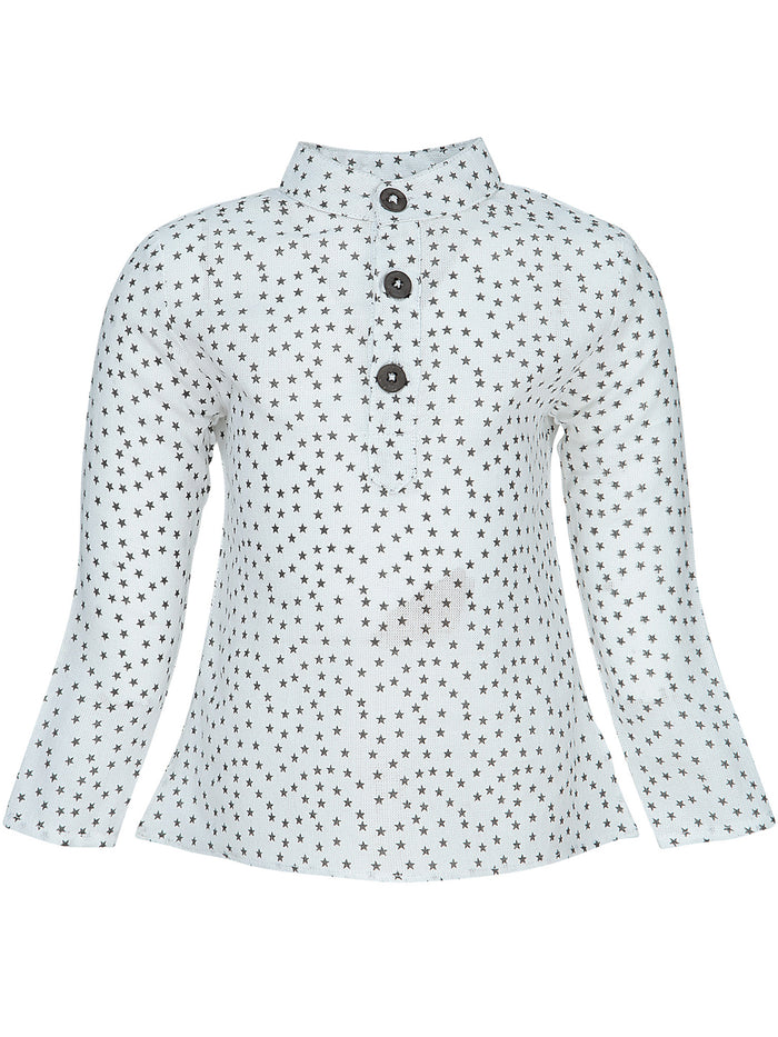 Nino Bambino 100% Organic Cotton Round Neck Full Sleeves Black Star Print White Tunic Tops for Baby Girls