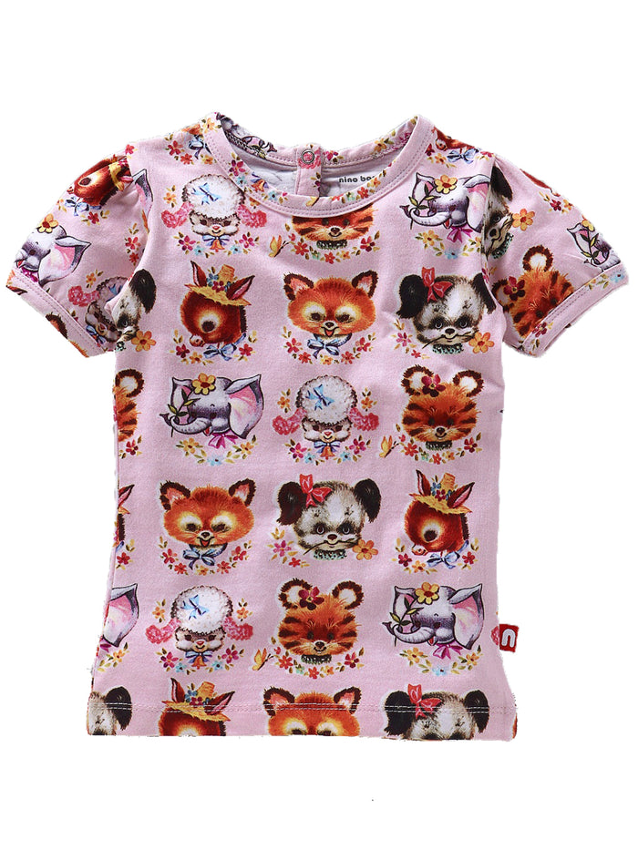 Nino Bambino 100% Cotton Round Neck Animal Print Pink T-Shirt for Baby Girl's