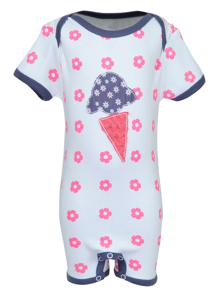 Nino Bambino 100% Organic Cotton Short Sleeve Ice Cream Applic Floral Print Half Romper For Baby Girls