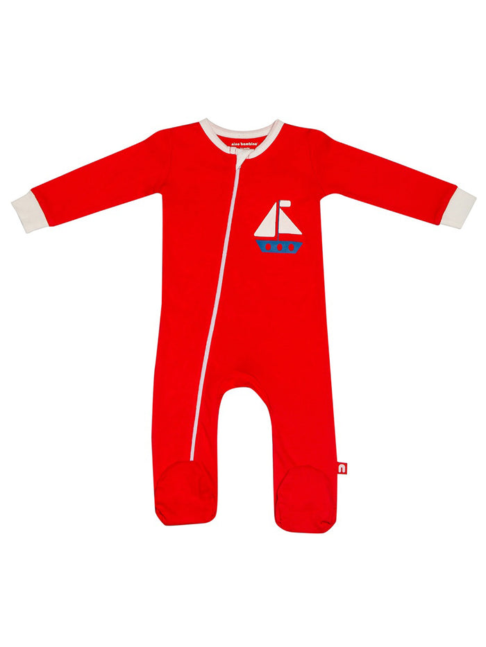 Nino Bambino 100% Organic Cotton Full Sleeve Red Footie Zipper Full Romper For Unisex Baby
