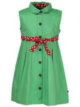 Nino Bambino 100% Organic Cotton Green Colour Sleeveless Dress With Belt For Girls
