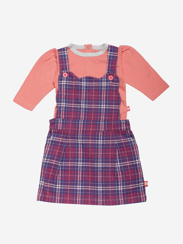 Nino Bambino 100% Organic Cotton Full Sleeves T-Shirt with Dungaree Dress For Baby Girls