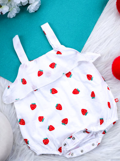 Nino Bambino 100% Organic Cotton Sleeveless Strawberry Print Strap Jumpsuit Dress With Hat For Baby Girls