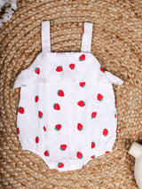 Nino Bambino 100% Organic Cotton Sleeveless Strawberry Print Strap Jumpsuit Dress With Hat For Baby Girls