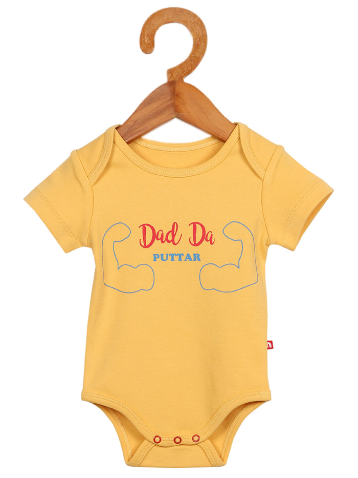 Nino Bambino 100% Organic Cotton Round Nack Short Sleeve Yellow Color With Slogan Bodysuit For Baby Boy