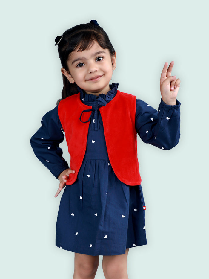 Nino Bambino 100% Organic Cotton Blue Dress With Red Jacket For Baby Girls