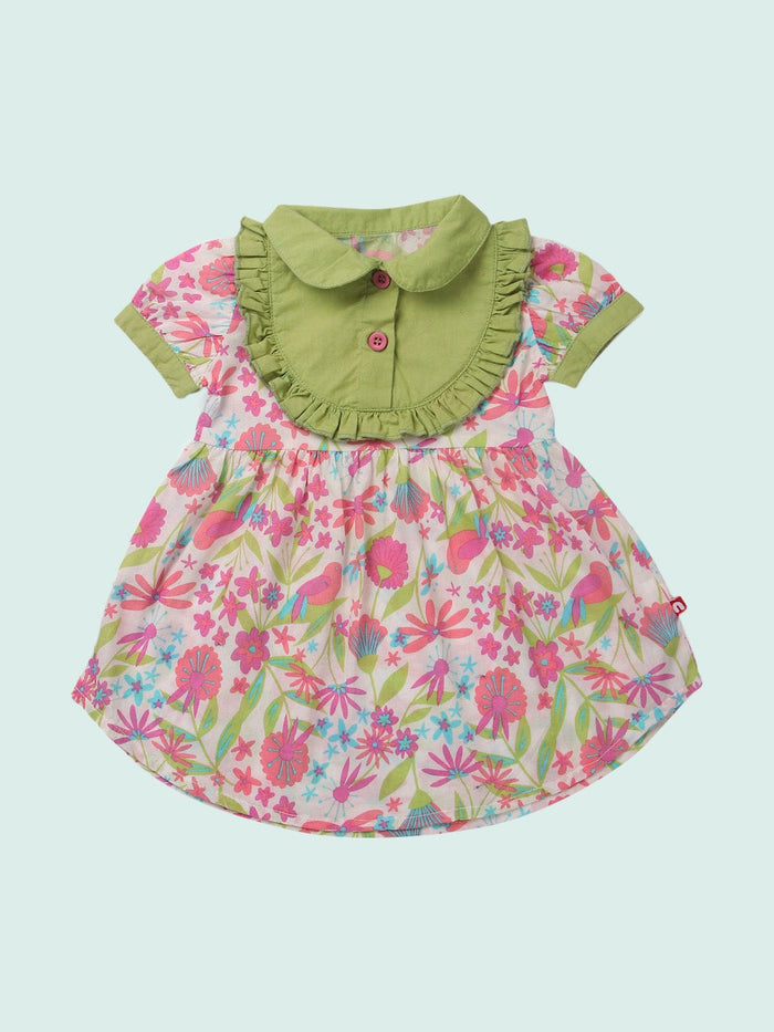Nino Bambino 100% Organic Cotton Half Sleeve Floral Printed Short/Mini Dress For Baby Girls