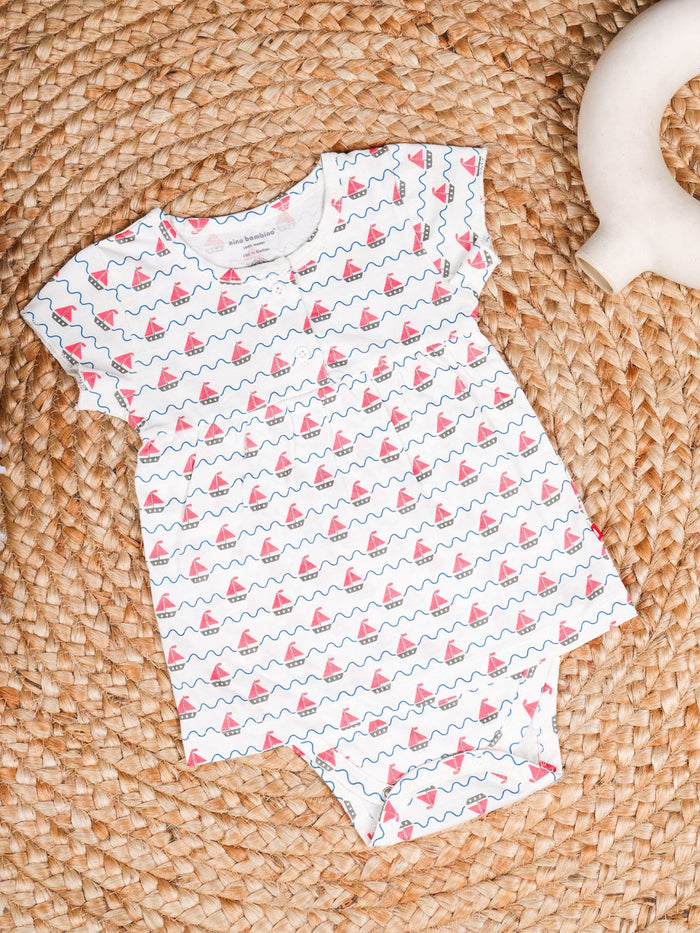 Nino Bambino 100% Organic Cotton Ship Print Capsleeve Onesie Dress For Baby Girls.