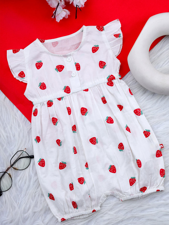 Nino Bambino 100% Organic Cotton Round Neck Cap Sleeves Strawberry Print Frill Romper For Baby Girl