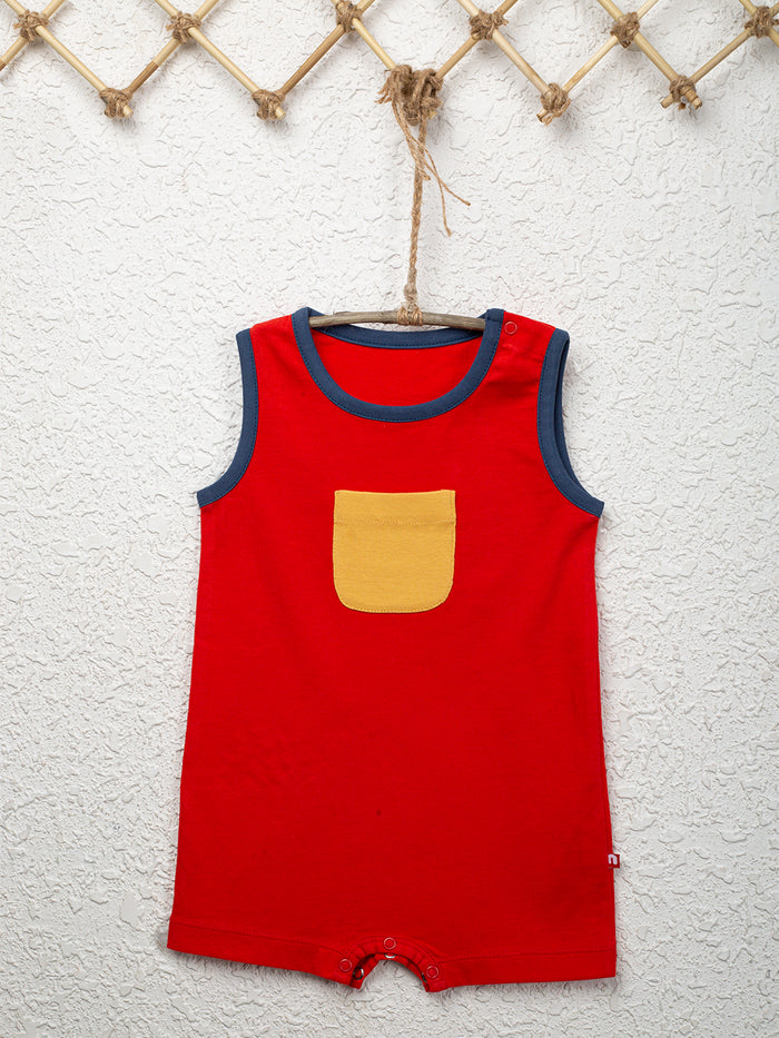 Nino Bambino 100% Organic Cotton Round Neck Red Color Sleeveless Romper With Pocket For Unisex Baby
