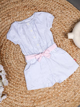 Nino Bambino 100% Organic Cotton Round Neck Short Sleeve Raglan Jumpsuit With Pink Belt For Baby Girls