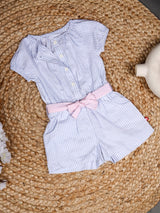 Nino Bambino 100% Organic Cotton Round Neck Short Sleeve Raglan Jumpsuit With Pink Belt For Baby Girls