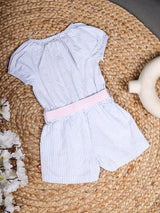 Nino Bambino 100% Organic Cotton Round Neck Short Sleeve Raglan Jumpsuit With Pink Belt For Baby Girls