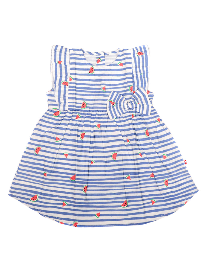 Nino Bambino 100% Organic Cotton Cap Sleeve Watermelon Slice Print Ruffle Bow Dress For Baby Girls.