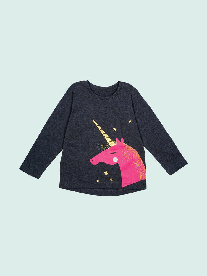 Nino Bambino 100% Organic Cotton Grey Color Long Sleeve Unicorn Print T-Shirt For Baby Girls