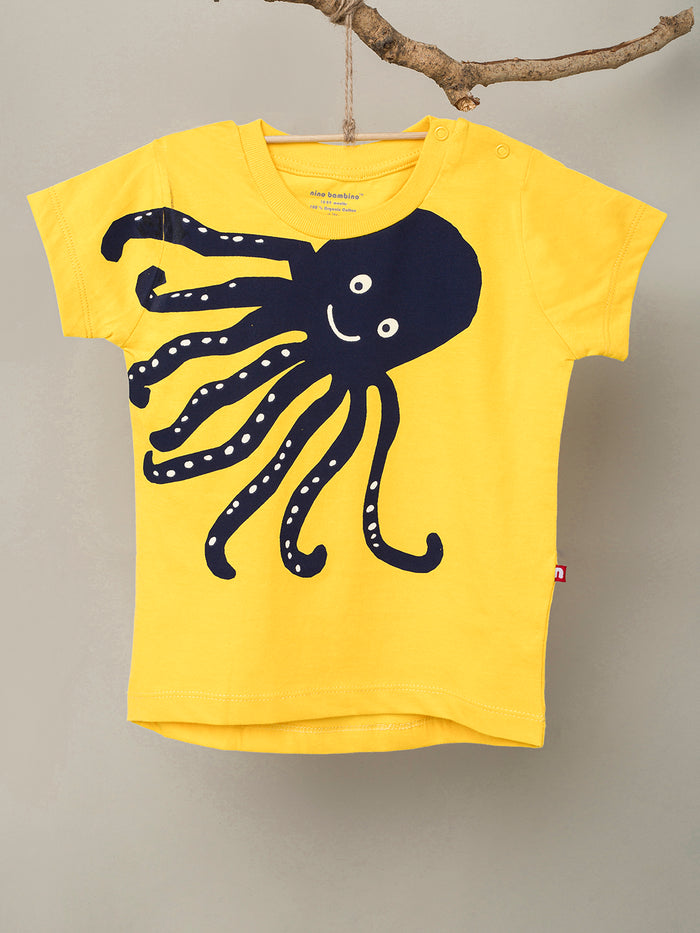 Nino Bambino 100% Organic Cotton Round Neck Short Sleeve Octopus Print Yellow T-Shirts For Baby Boy