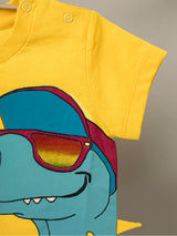 Nino Bambino 100% Organic Cotton Round Neck Short Sleeve Dinosaur Applique Yellow T-Shirt For Baby Boy.