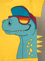 Nino Bambino 100% Organic Cotton Round Neck Short Sleeve Dinosaur Applique Yellow T-Shirt For Baby Boy.