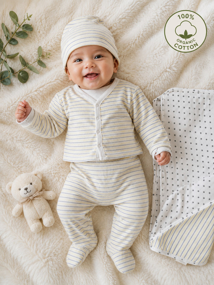 Nino Bambino 100% Organic Cotton White & Yellow Print Essentials Set Pack Of 4 For Baby.