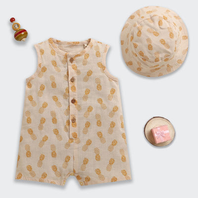 Nino Bambino 100% Oraganic Cotton Pineapple Print Sleeveless Half Romper With Hat For Baby Girl