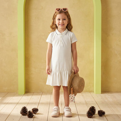 Nino Bambino Organic Cotton Solid Polo Neck Tshirt Dress For Girls