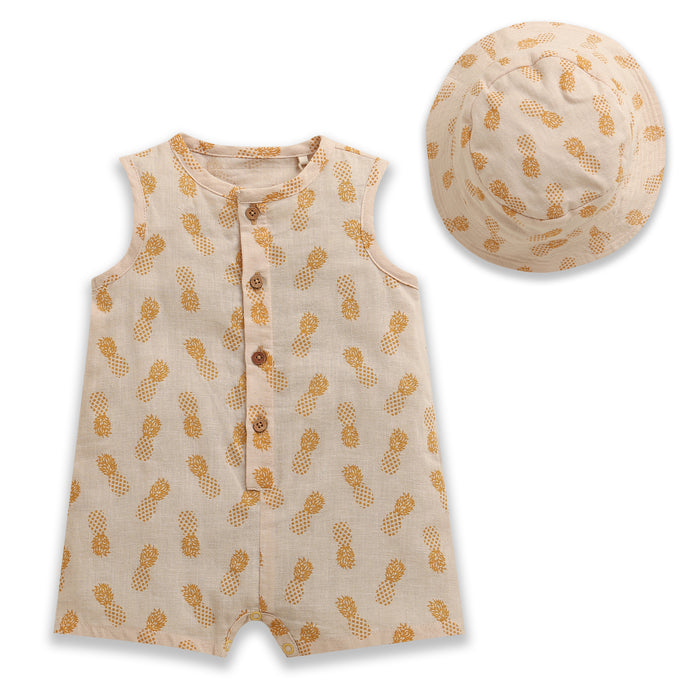 Nino Bambino 100% Oraganic Cotton Pineapple Print Sleeveless Half Romper With Hat For Baby Girl