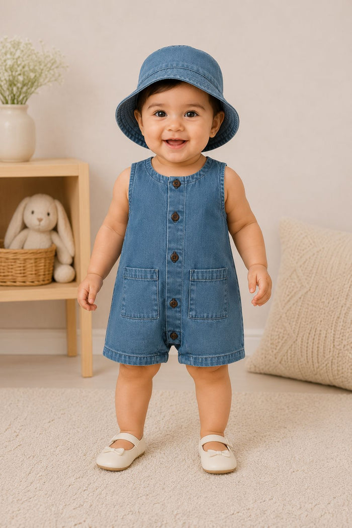 Nino Bambino 100% Oraganic Cotton Solid Sleeveless Half Romper With Hat For Baby Girl
