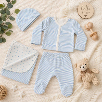 Nino Bambino 100% Organic Cotton White & Blue Print Essentials Set Pack Of 4 For Baby.