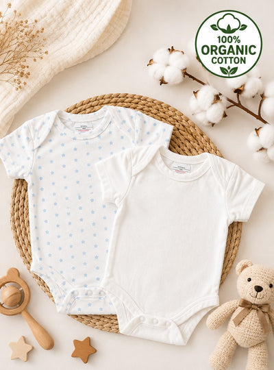 Nino Bambino 100% Oraganic Cotton Printed half Sleeves Bodysuit / Onesie For Baby (Pack of 2)