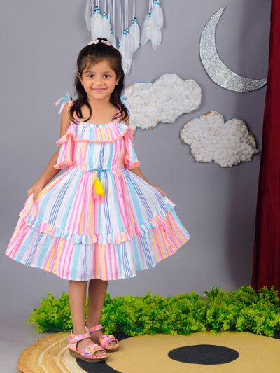 Multi Color Short Sleeve Cotton Tiered Sun Dress For Girls