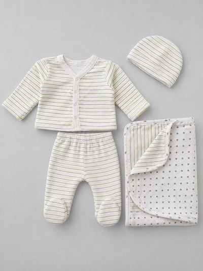 Nino Bambino 100% Organic Cotton White & Yellow Print Essentials Set Pack Of 4 For Baby.