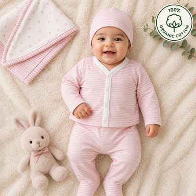 Nino Bambino 100% Organic Cotton White & Pink Print Essentials Set Pack Of 4 For Baby Girls