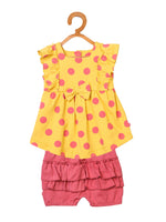 Nino Bambino 100% Organic Cotton Cap Sleeve Square Neck Yellow Dress and Salmon Shorts Set For Baby Girls