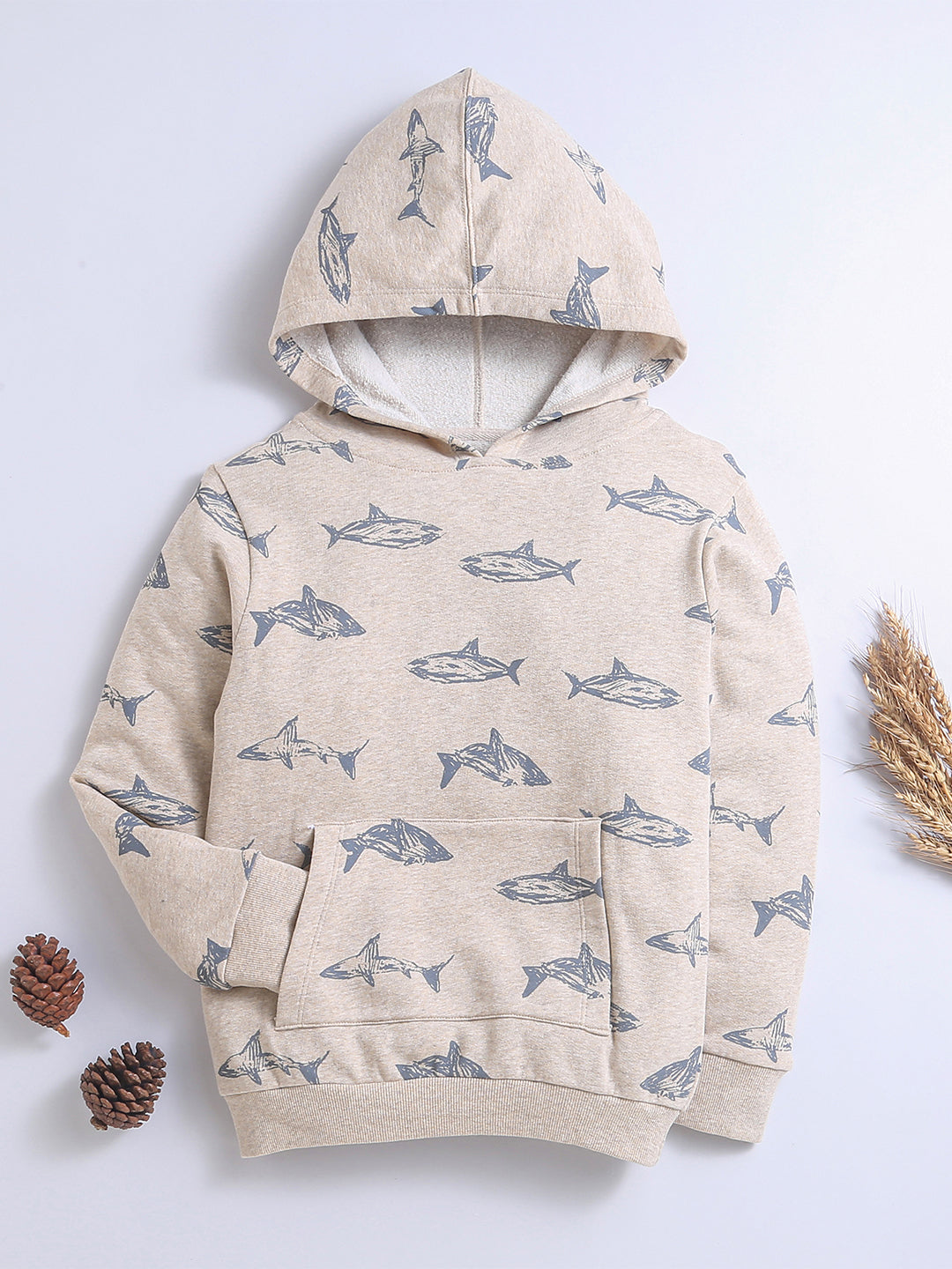 Grey Melange Color Fish Print Hoodie For Unisex Kids Nino Bambino