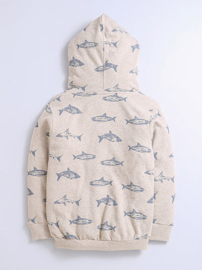 Grey Melange Color Fish Print Hoodie For Unisex Kids