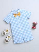 Blue Check Half Sleeves Half Romper With Bow For Baby Boy