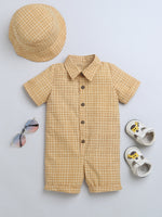 Brown Check Half Sleve Half Romper With Hat For Baby Boy.