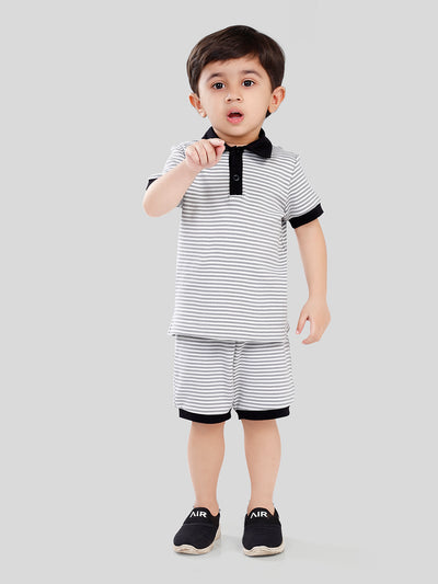 Grey Stripes Polo T-Shirt & Shorts Set For Baby Boy & Kid Boy